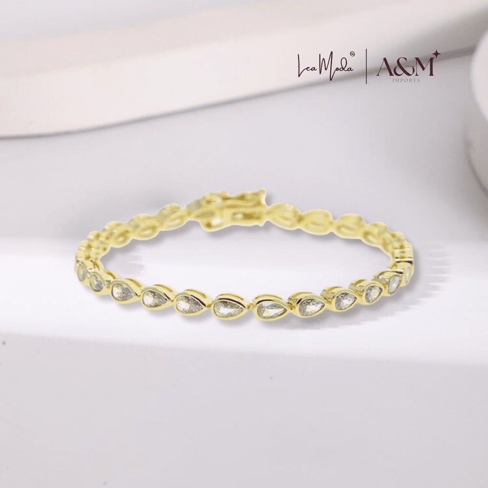 Lea Moda Gold Plated Tennis Bracelet 5A Cubic Zirconia Iced Out Geometric Teardrop 7.5 inch