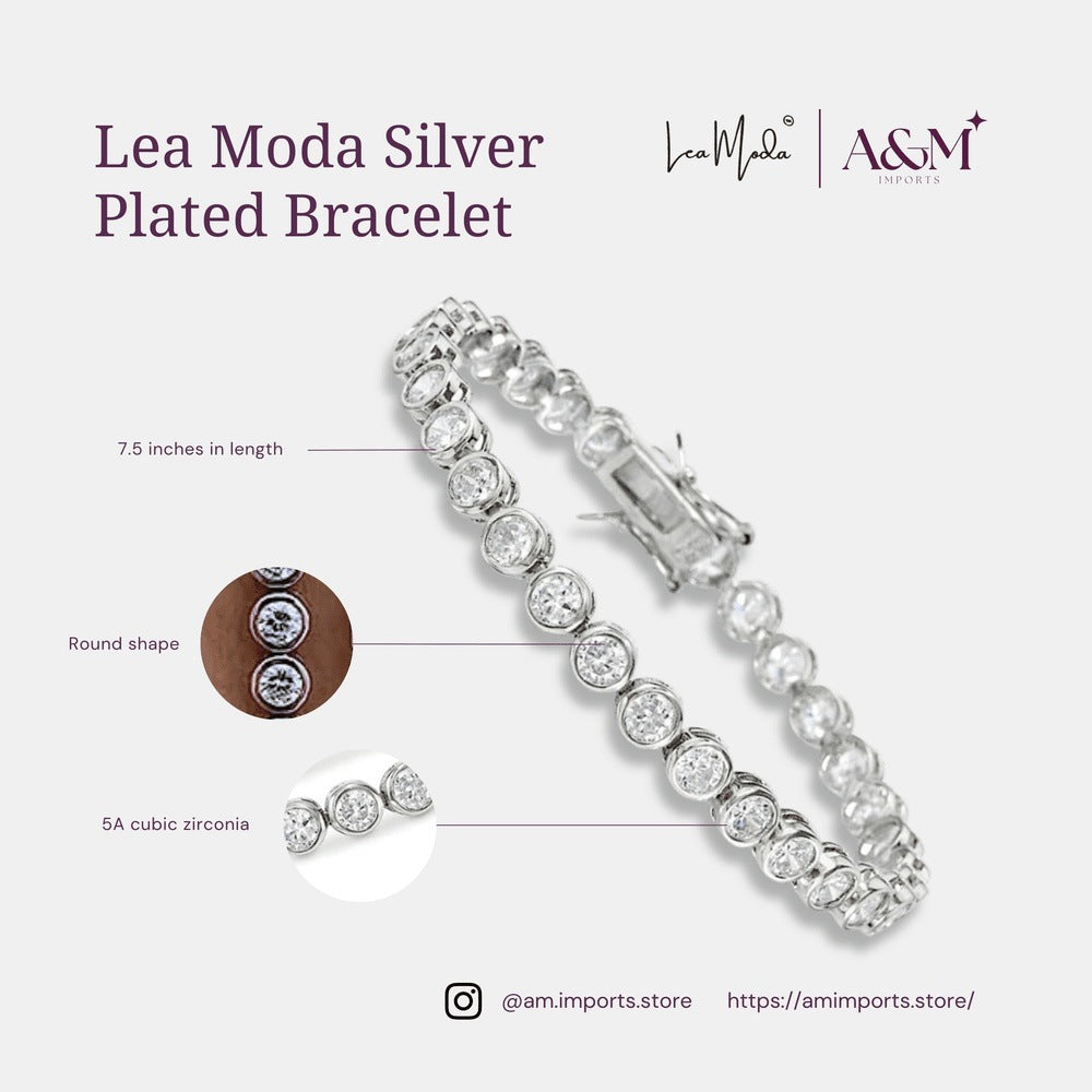 Lea Moda Silver Plated Tennis Bracelet 5A Cubic Zirconia Iced Out Geometric Round 7.5 inch