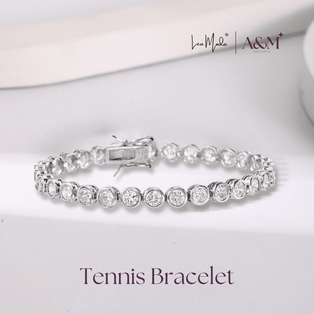 Lea Moda Silver Plated Tennis Bracelet 5A Cubic Zirconia Iced Out Geometric Round 7.5 inch